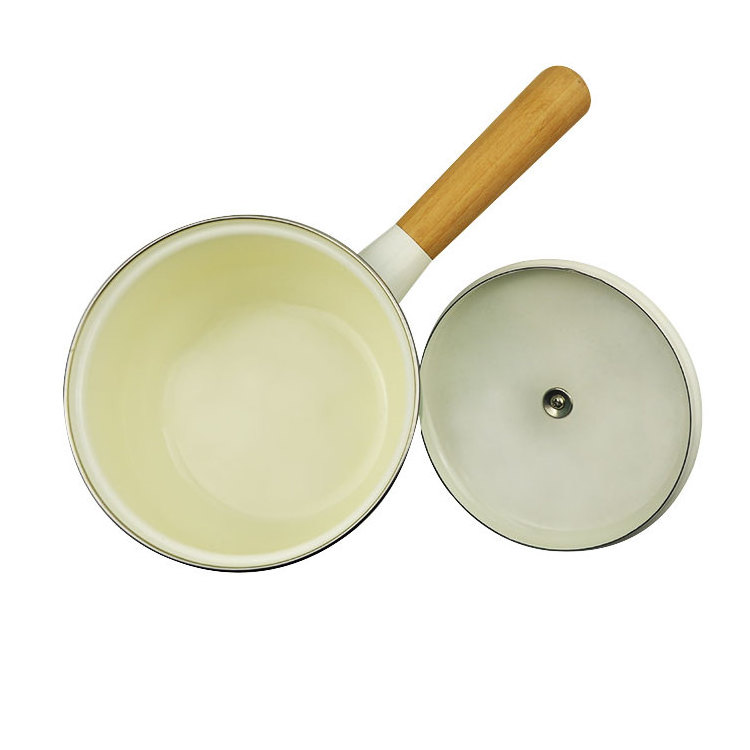 Hot sale 18cm enamel camping  metal  cast iron cookware with long wood handle enamel milk pan pot