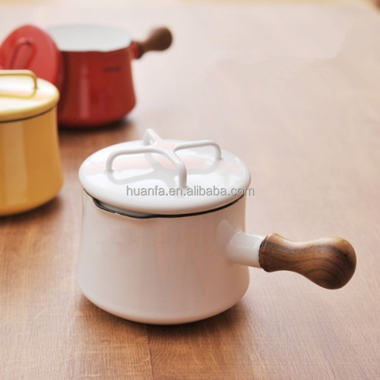 Enamel Milk Pan, Mini Butter Warmer,Saucepan Pan Cookware with Wooden Handle