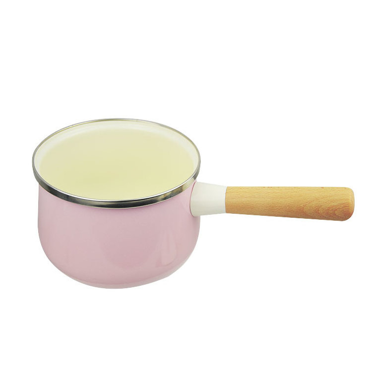 Hot sale 18cm enamel camping  metal  cast iron cookware with long wood handle enamel milk pan pot