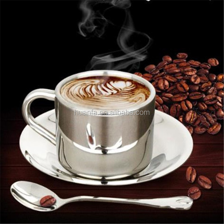 High-grade double wall stainless steel coffee cup set Italian Espresso cup with saucer