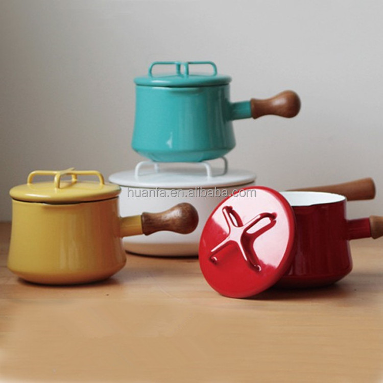 Enamel Milk Pan, Mini Butter Warmer,Saucepan Pan Cookware with Wooden Handle