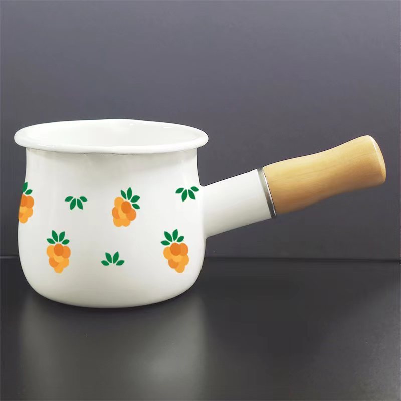 Wholesale Cookware Kitchen enamel milk cooking pot with wooden hand fried eggs mini sauce pots