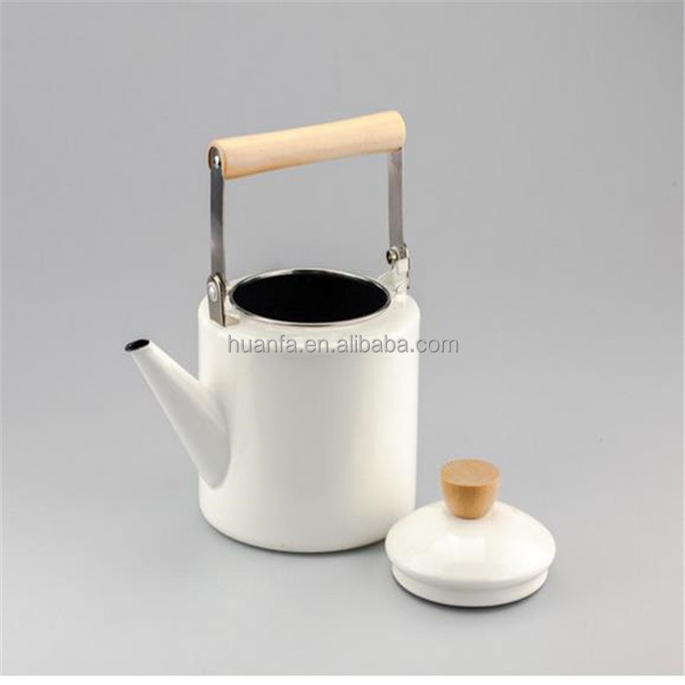 Japanese Style Enamel on Steel Tea Kettle, 2.1-Quart Maximum Capacity, Cylindrical Shape with Wood Handle