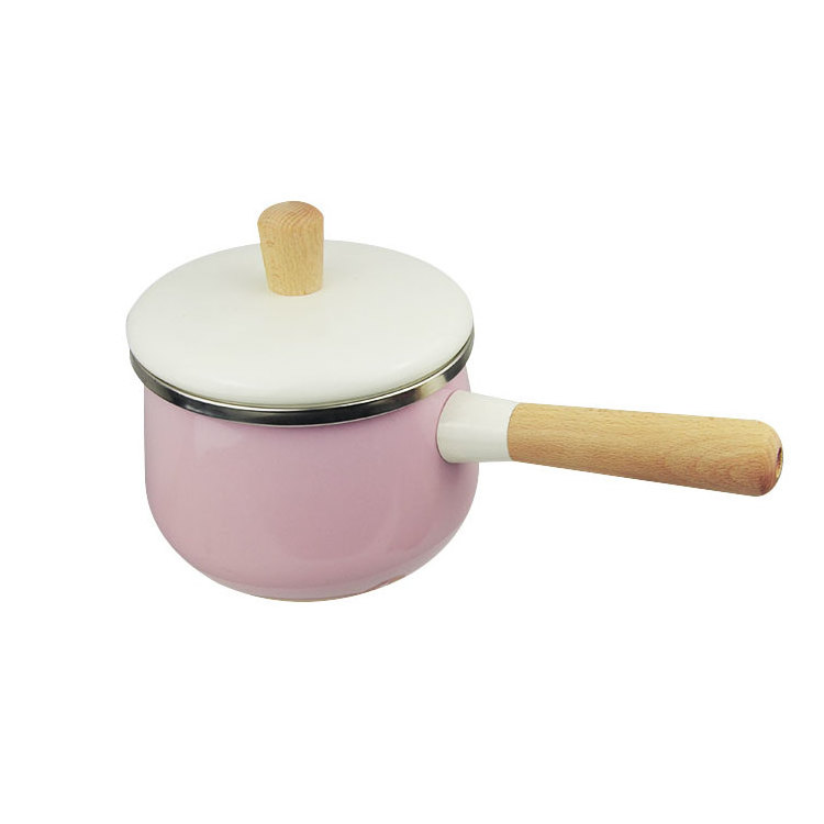 Hot sale 18cm enamel camping  metal  cast iron cookware with long wood handle enamel milk pan pot