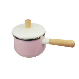 Hot sale 18cm enamel camping  metal  cast iron cookware with long wood handle enamel milk pan pot