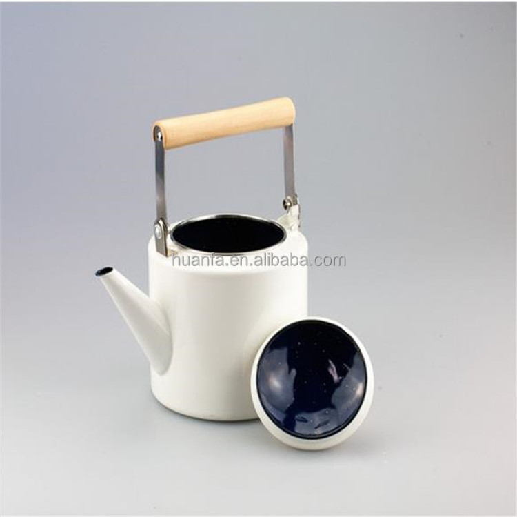 Japanese Style Enamel on Steel Tea Kettle, 2.1-Quart Maximum Capacity, Cylindrical Shape with Wood Handle