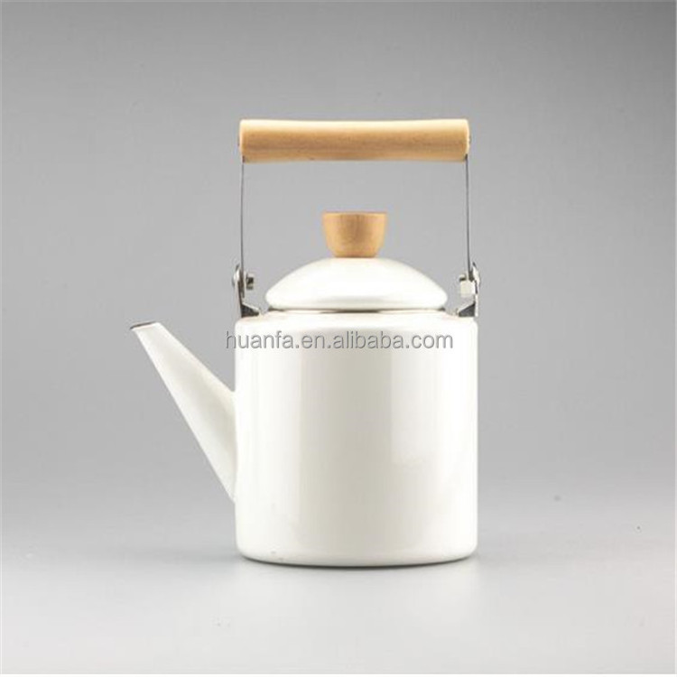 Japanese Style Enamel on Steel Tea Kettle, 2.1-Quart Maximum Capacity, Cylindrical Shape with Wood Handle