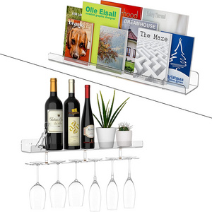 Wall-Mount Wine Rack for Wine Bottles, Acrylic Floating Bookshelf, Clear Wall Display Shelf Holder for Book, Wine, Beer, Glasses