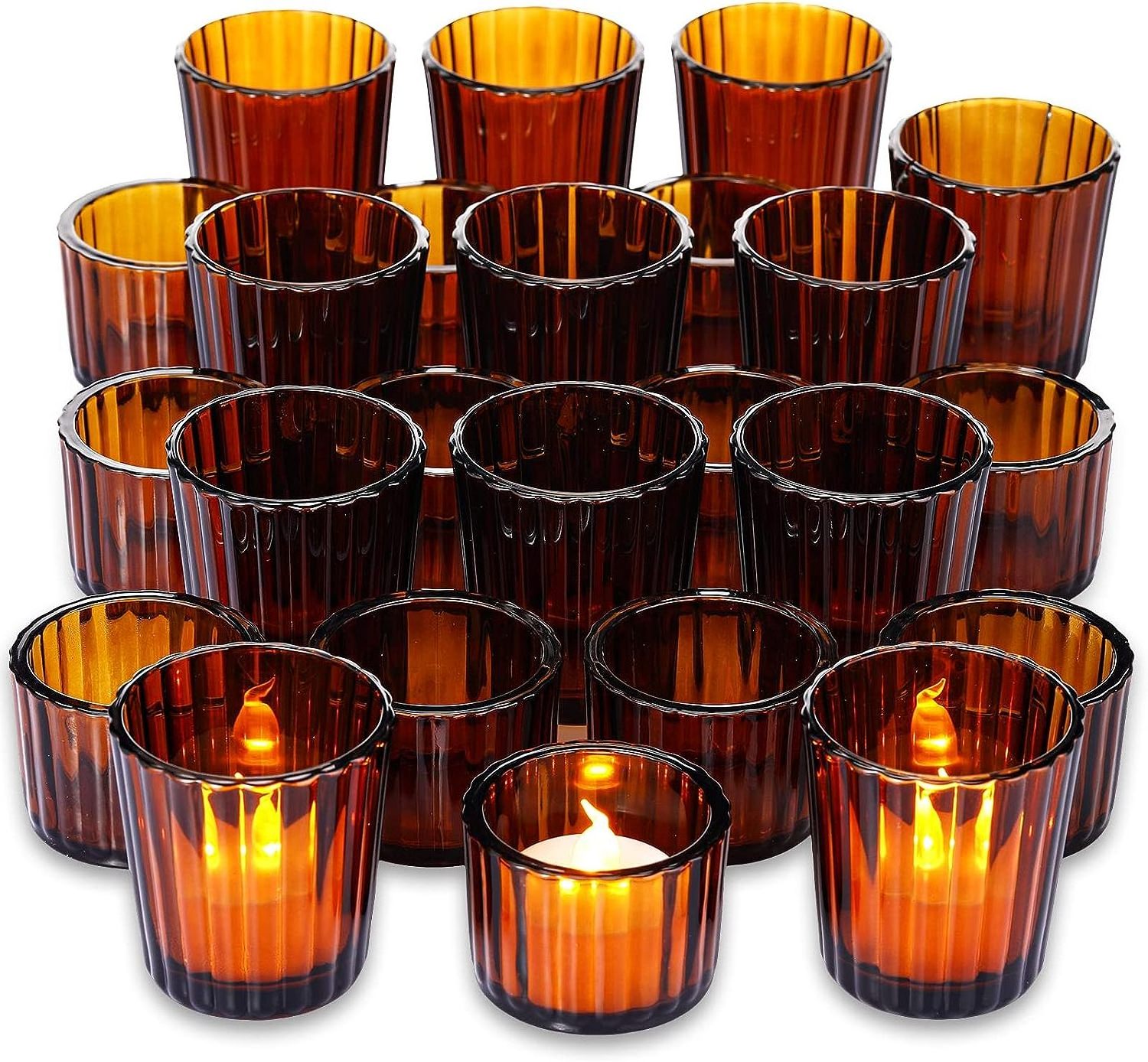 24 Pcs Amber Glass Candle Holder Vintage Votive Tea Light Candle Holder Bulk for Boho Fall Wedding Parties Decoration Dinner