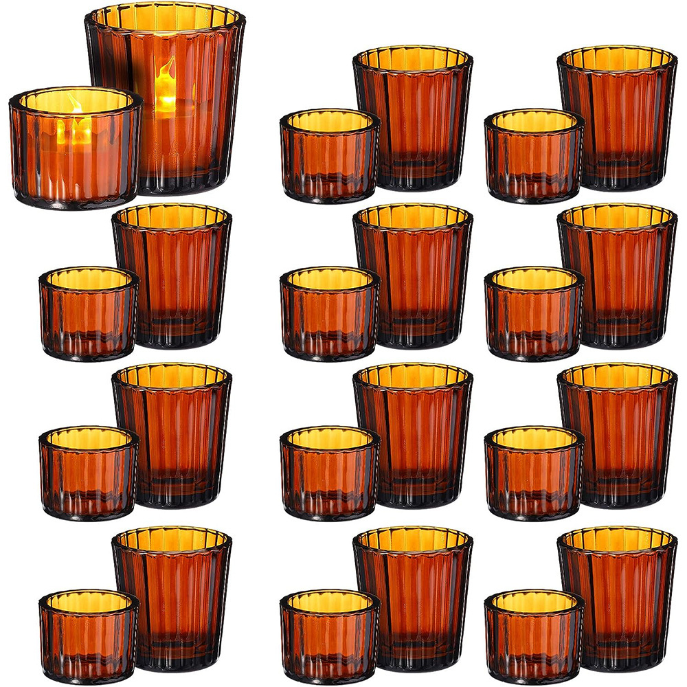 24 Pcs Amber Glass Candle Holder Vintage Votive Tea Light Candle Holder Bulk for Boho Fall Wedding Parties Decoration Dinner