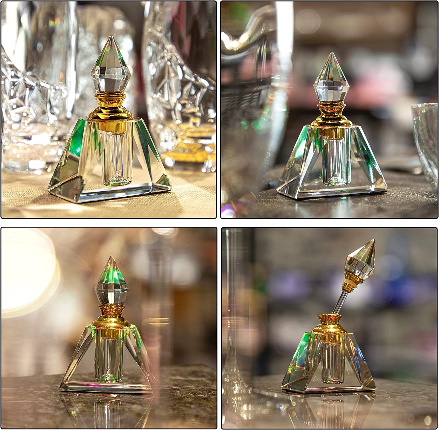 Colorful 3ml  Fancy Oud Perfume Bottle K9 Crystal Pyramid Shape Perfume Glass Bottle With Glass Stick Valentine Gift