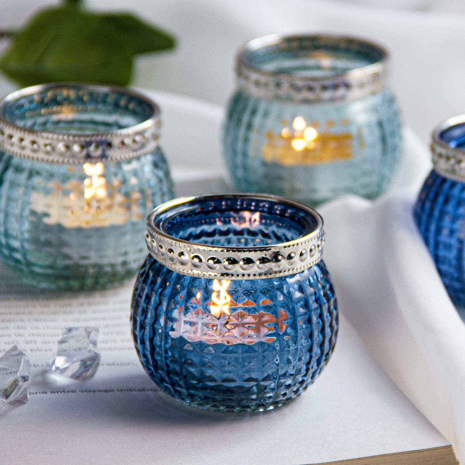 Small glass votives tealight candle holders mixed blue color candle glass jar container for home and wedding decoration