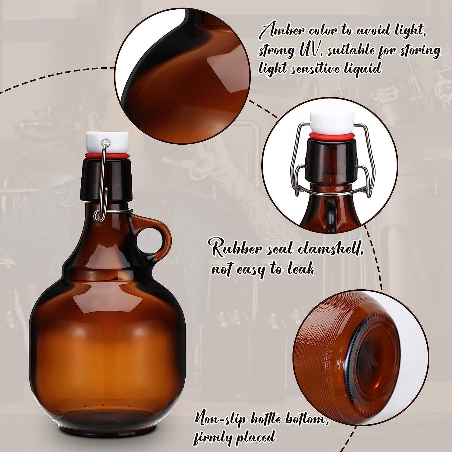 4 Pcs 34 oz Beer Bottles Amber Glass Bottles Gallon Glass Jar with Lid Glass Gallon Jugs Growlers for Beer Soda Cider Alcohol