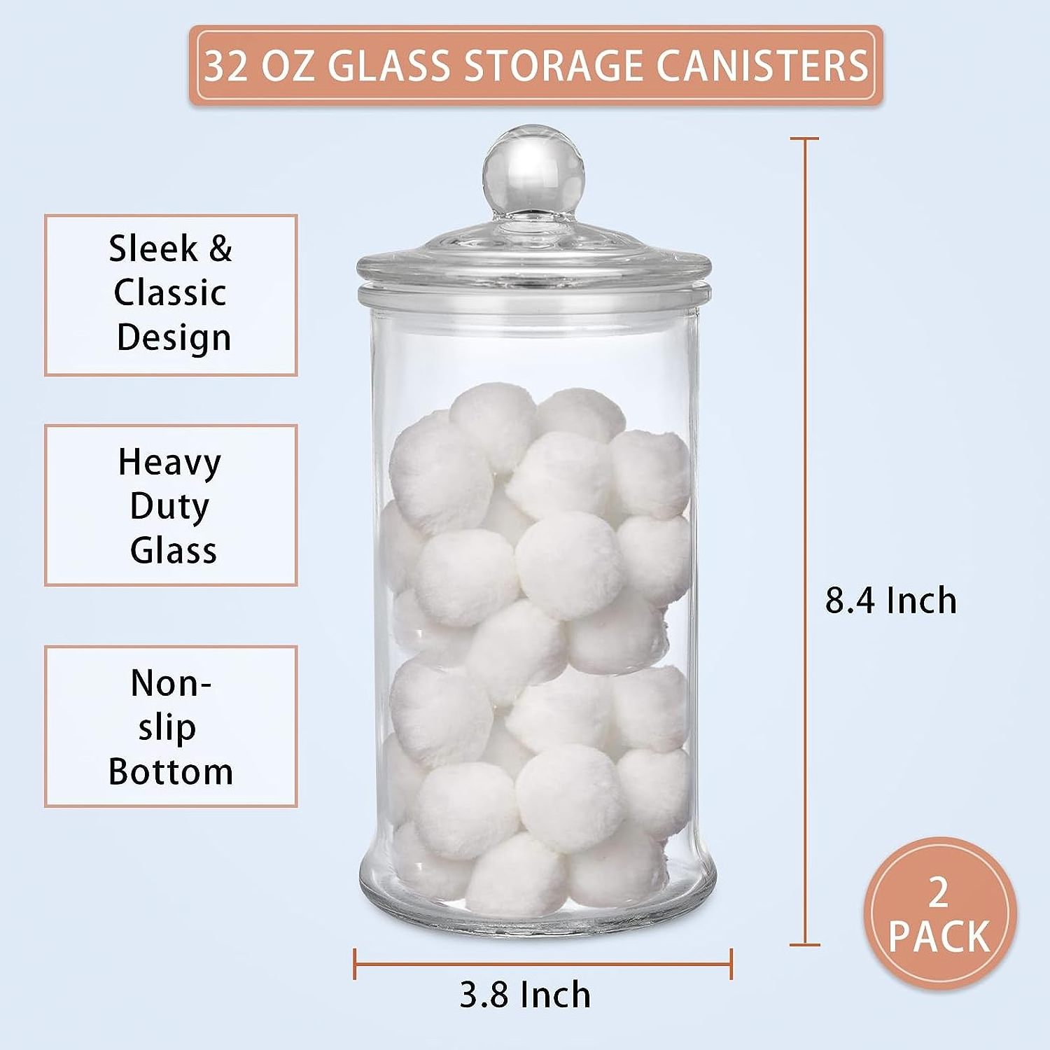 Glass Apothecary Jars with Lids, 32oz Clear Bathroom Accessories Canisters Storage Organizer, Cotton Ball Holder Container Glass