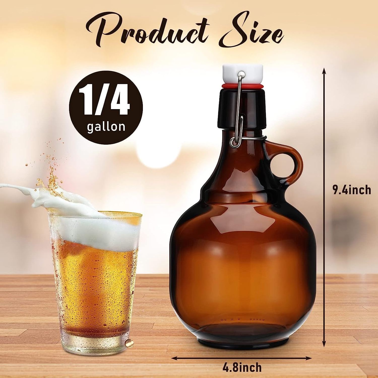 4 Pcs 34 oz Beer Bottles Amber Glass Bottles Gallon Glass Jar with Lid Glass Gallon Jugs Growlers for Beer Soda Cider Alcohol