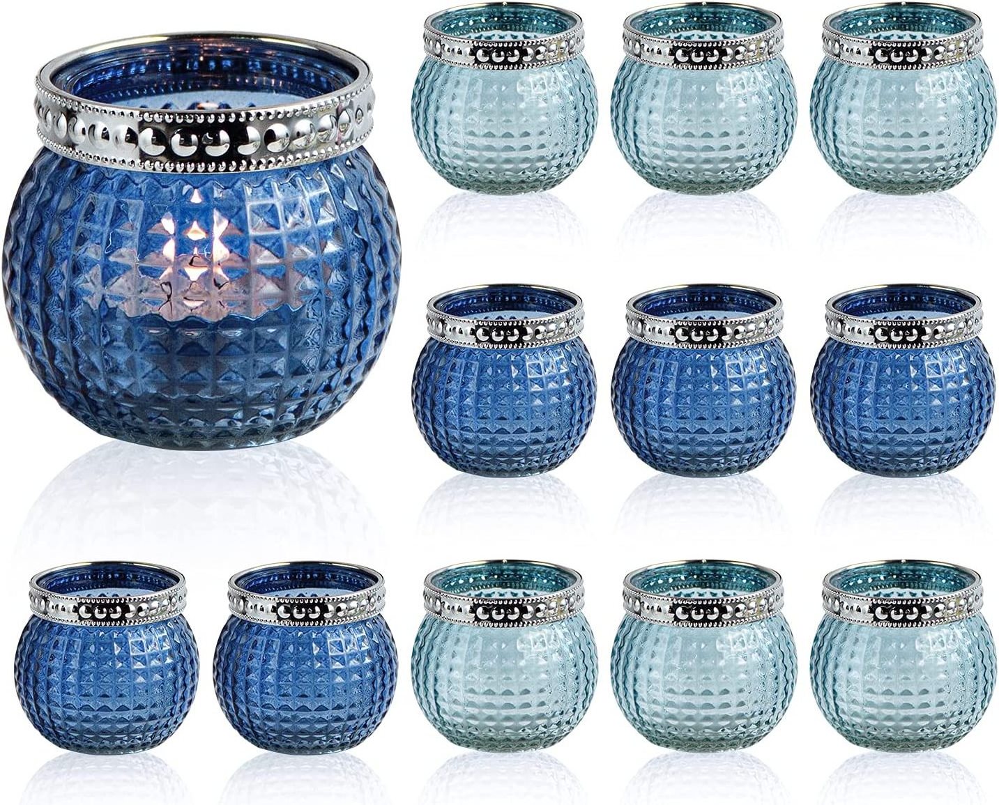 Small glass votives tealight candle holders mixed blue color candle glass jar container for home and wedding decoration