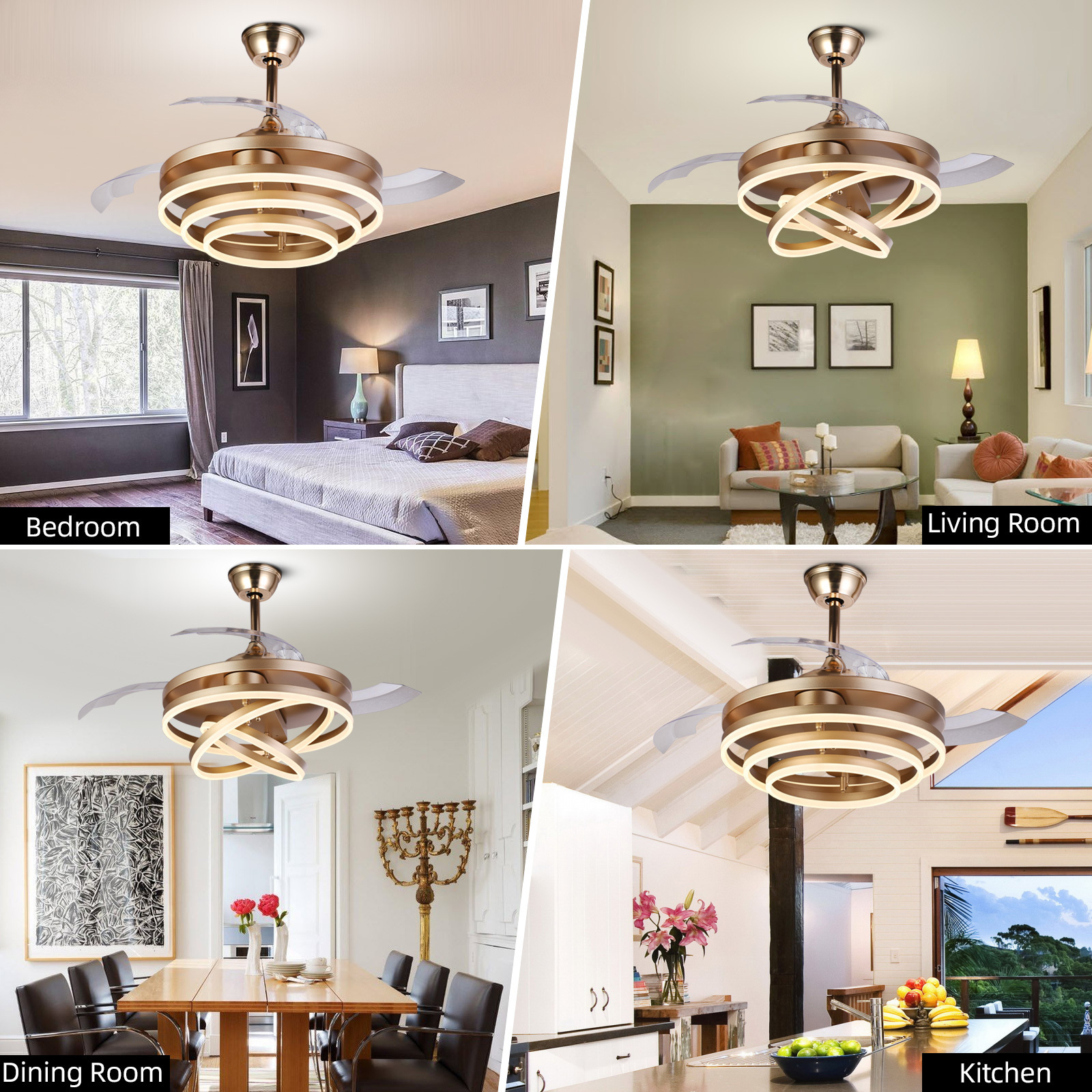 HC7816A GOLD   Modern 110V 220V Abs Blade Ceiling Fan With Lamp And Remote Led Chandelier Ceiling Fans Light