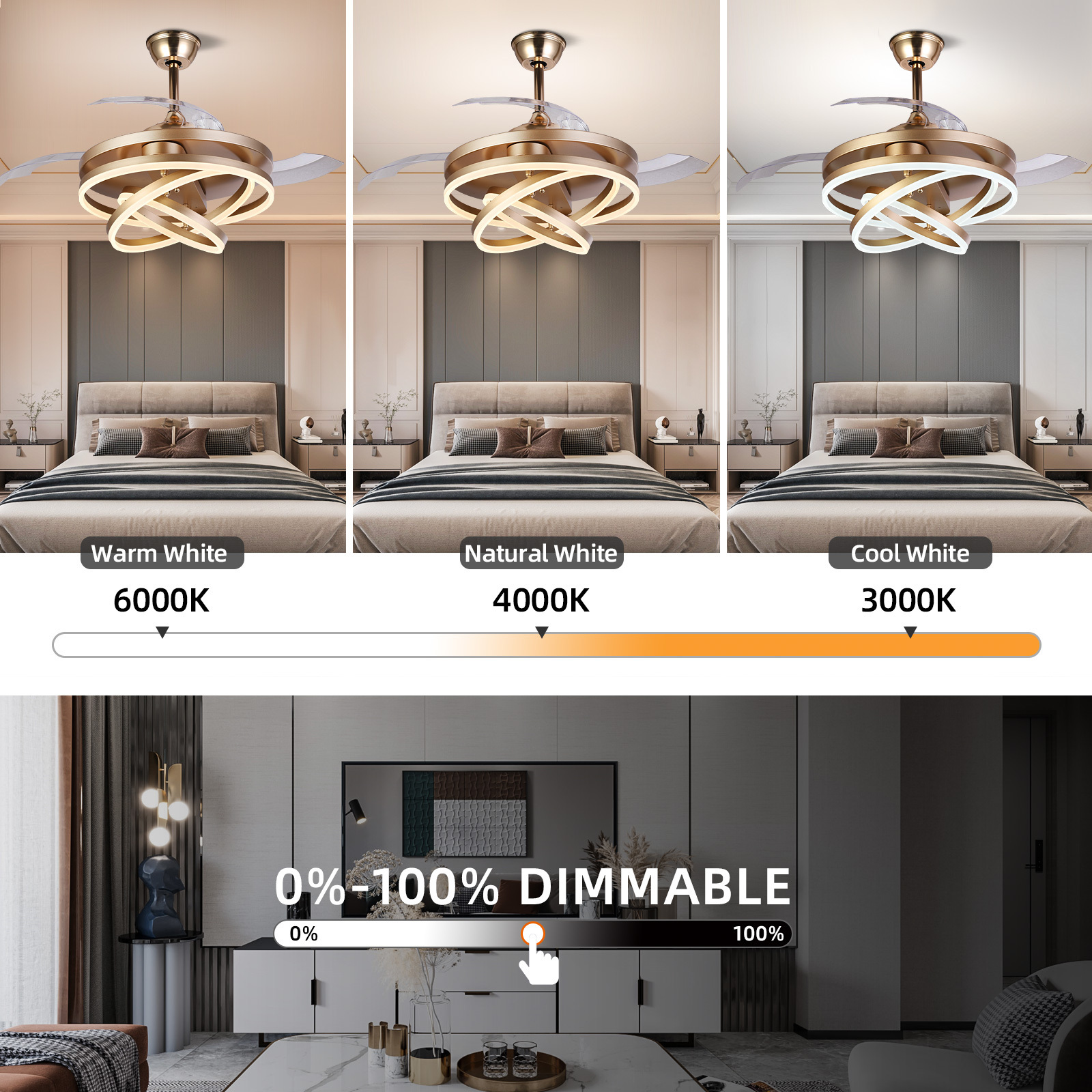 HC7816A GOLD   Modern 110V 220V Abs Blade Ceiling Fan With Lamp And Remote Led Chandelier Ceiling Fans Light