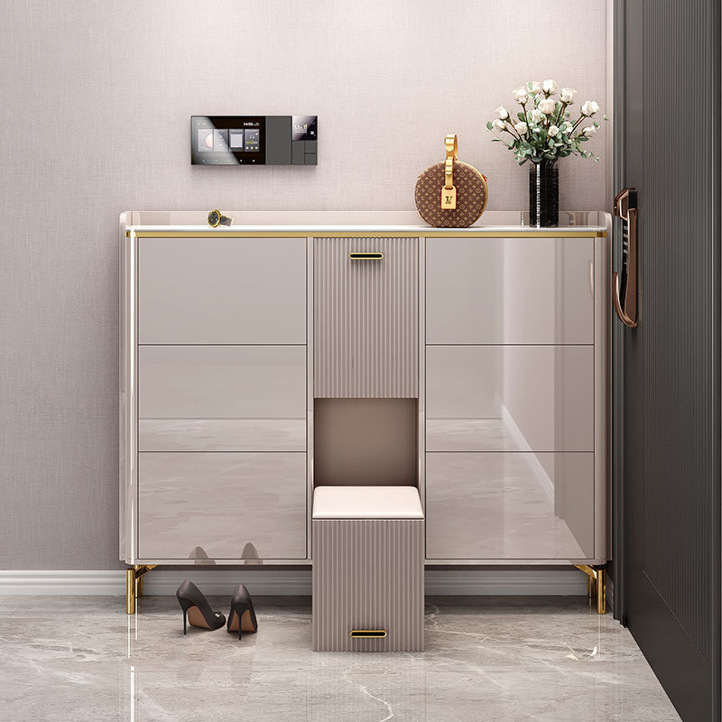 Modern and simple entry cabinet Light luxury and ultra-thin flip bucket shoe cabinet with shoe stool Household storage cabinet