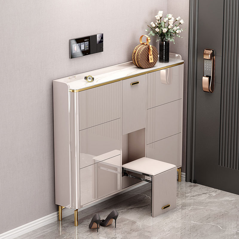 Modern and simple entry cabinet Light luxury and ultra-thin flip bucket shoe cabinet with shoe stool Household storage cabinet