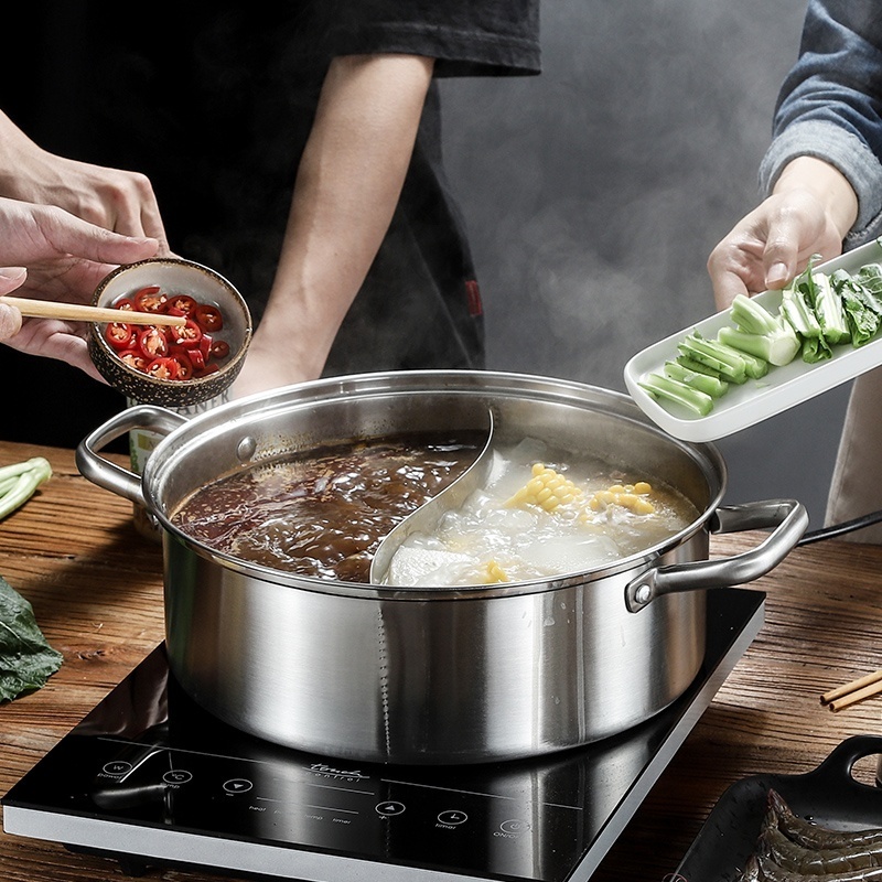 Restaurant cooking angle pot equipment stainless steel hot pot with 2 compartments