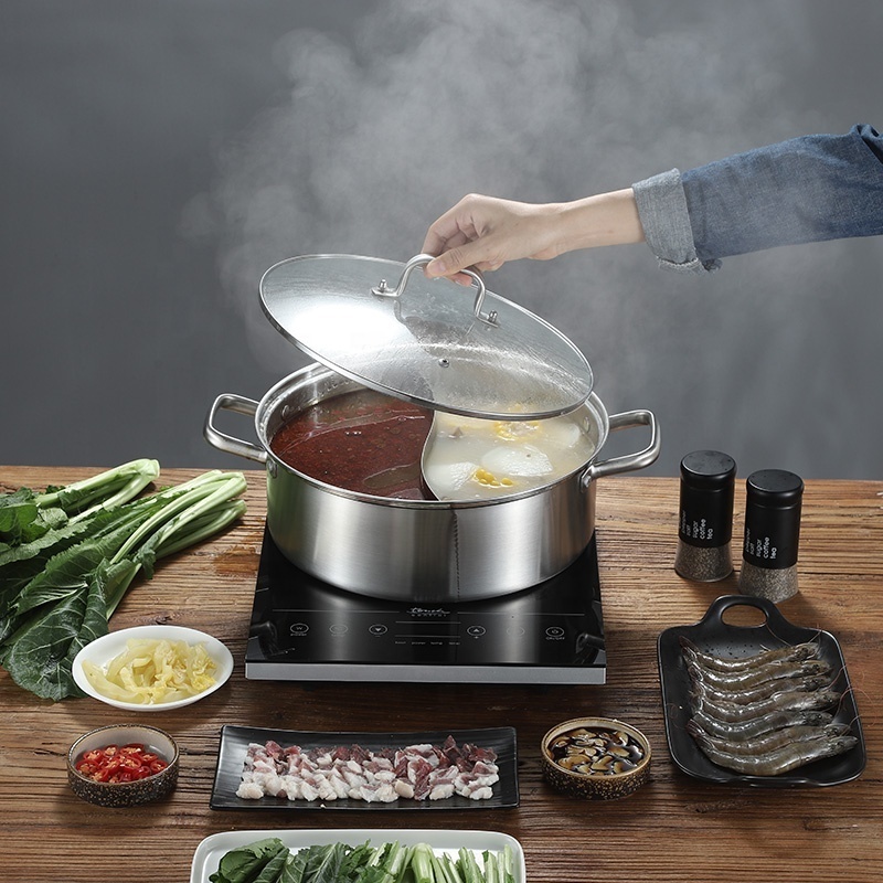 Restaurant cooking angle pot equipment stainless steel hot pot with 2 compartments