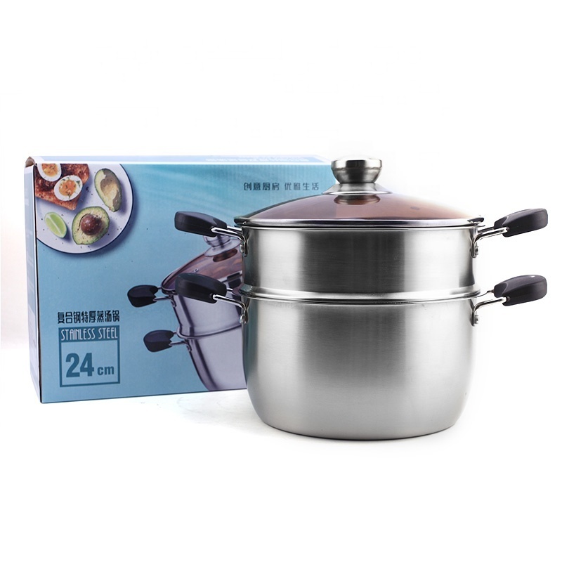 Double Wall Stainless Steel Soup Pot Cookware Two Layer 24cm Food Steamer Casserole Pot