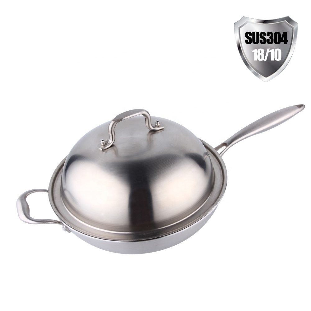 Stainless Steel Wok 13 inch Stir Frying Japanese Big Wok with Long Handle Dome Lid