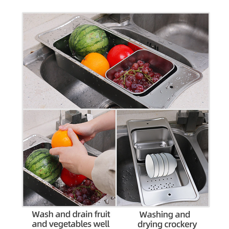 Multifunction enlarge stainless steel kitchen deep shallow perforated vegetable fruit tomato potato washing sink drain basket