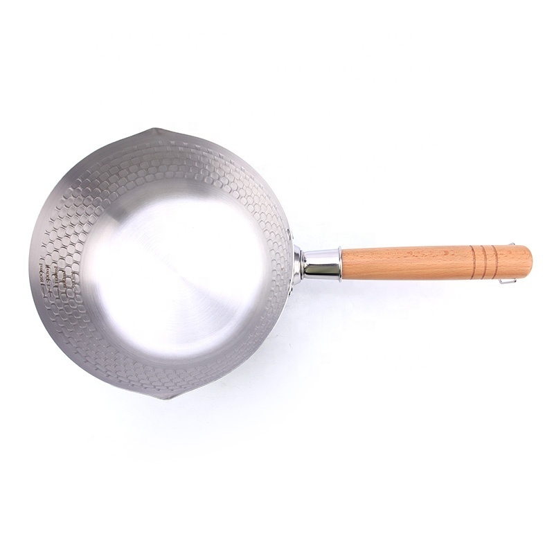 Multipurpose Japanese Style Stainless Steel Snow Pan Saucepan with Glass Lid Wooden Handle