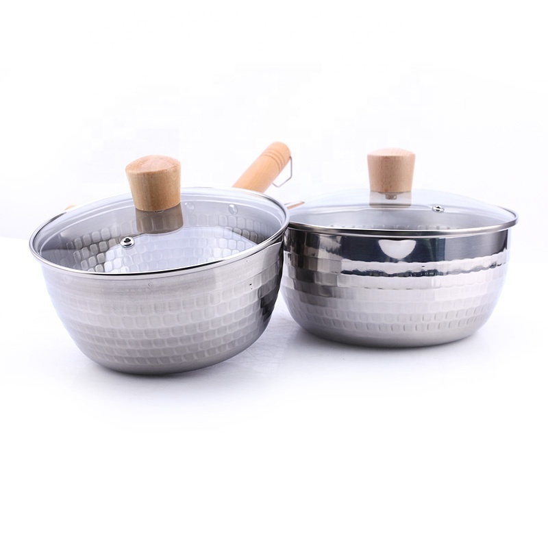 Multipurpose Japanese Style Stainless Steel Snow Pan Saucepan with Glass Lid Wooden Handle