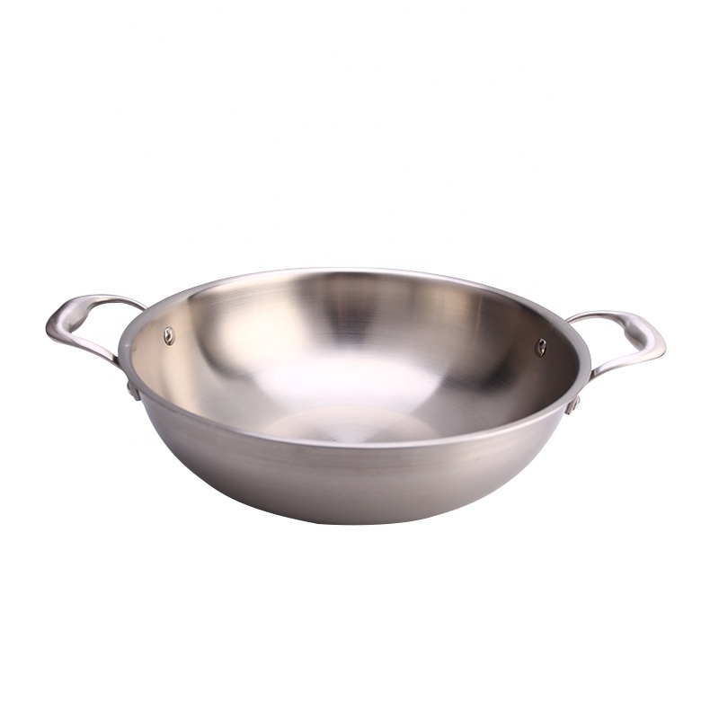 Double side handle stainless steel wok fry pan for cooking