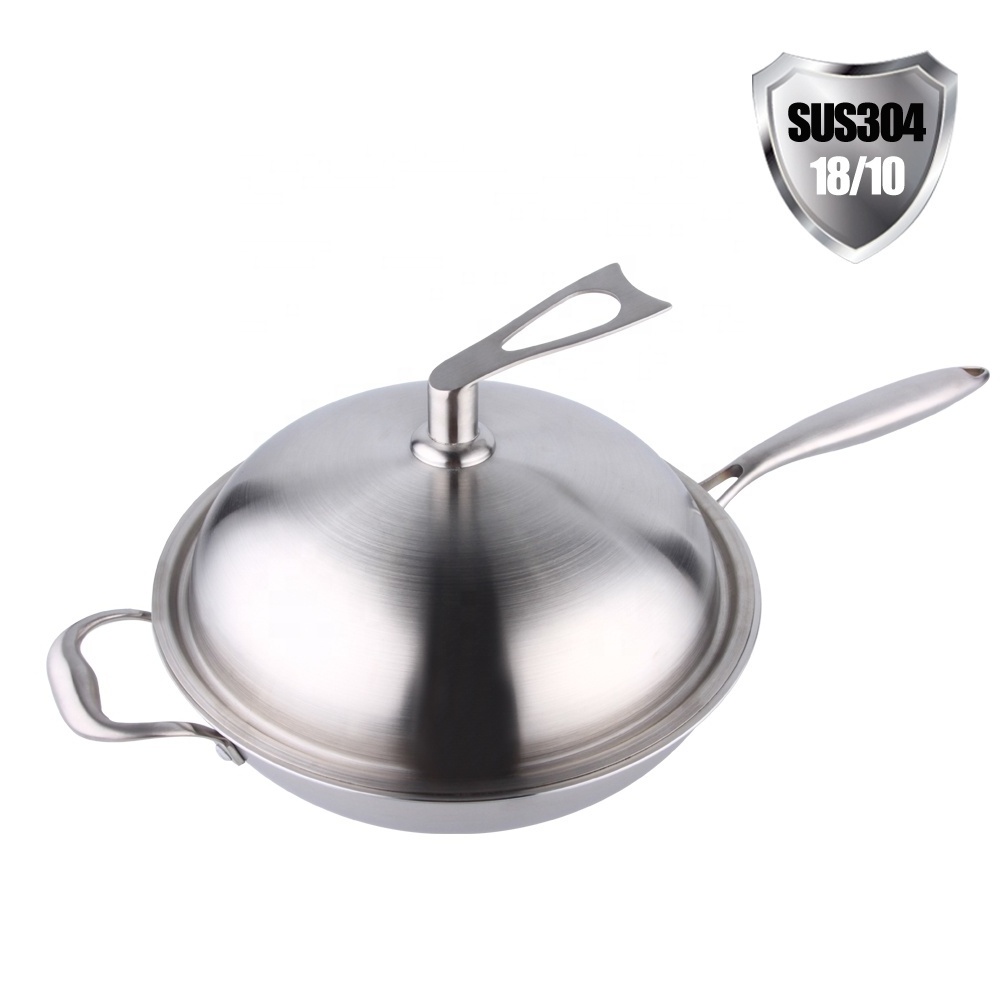 Stainless Steel Wok 13 inch Stir Frying Japanese Big Wok with Long Handle Dome Lid