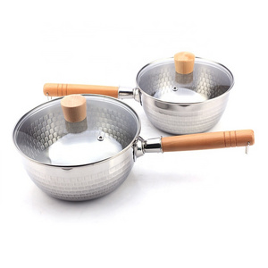 Multipurpose Japanese Style Stainless Steel Snow Pan Saucepan with Glass Lid Wooden Handle