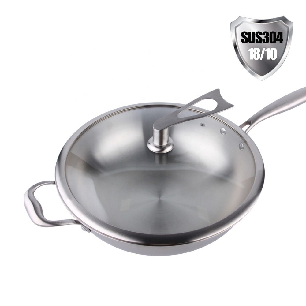 Stainless Steel Wok 13 inch Stir Frying Japanese Big Wok with Long Handle Dome Lid