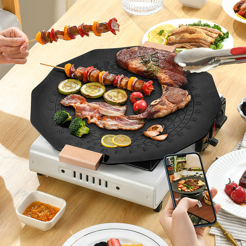 Korean Style Double Bottom Die-cast Aluminum Outdoor Camping Food BBQ Geometry Innregular Shape Non Stick Griddle Grill Pan