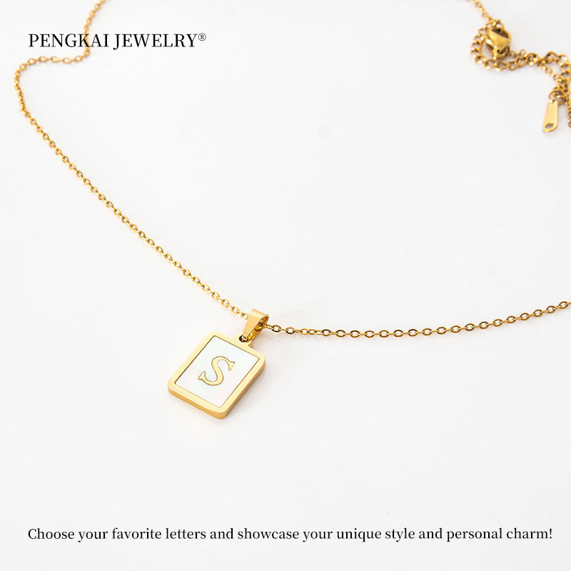 Factory Direct Sales Initial Letter Square Stainless Steel Shell Pendant Women S High Quality 18K  Gold Plated Wholesale Jewelry