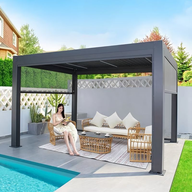 Hot Selling Product Electric Waterproof Design Black Aluminum Outdoor Pergola Gazebo With Windproof Roller Binds