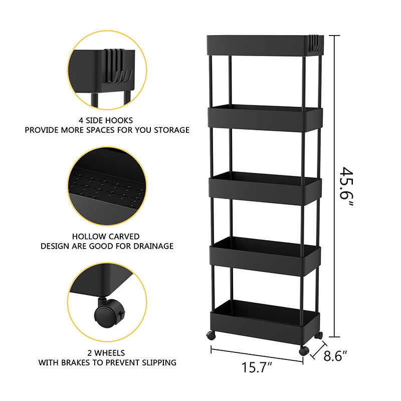 Plastic Laundry Utility Cart Organizer Slim Storage Narrow Rolling Laundry Storage Cart with 3 Tiers Shelves