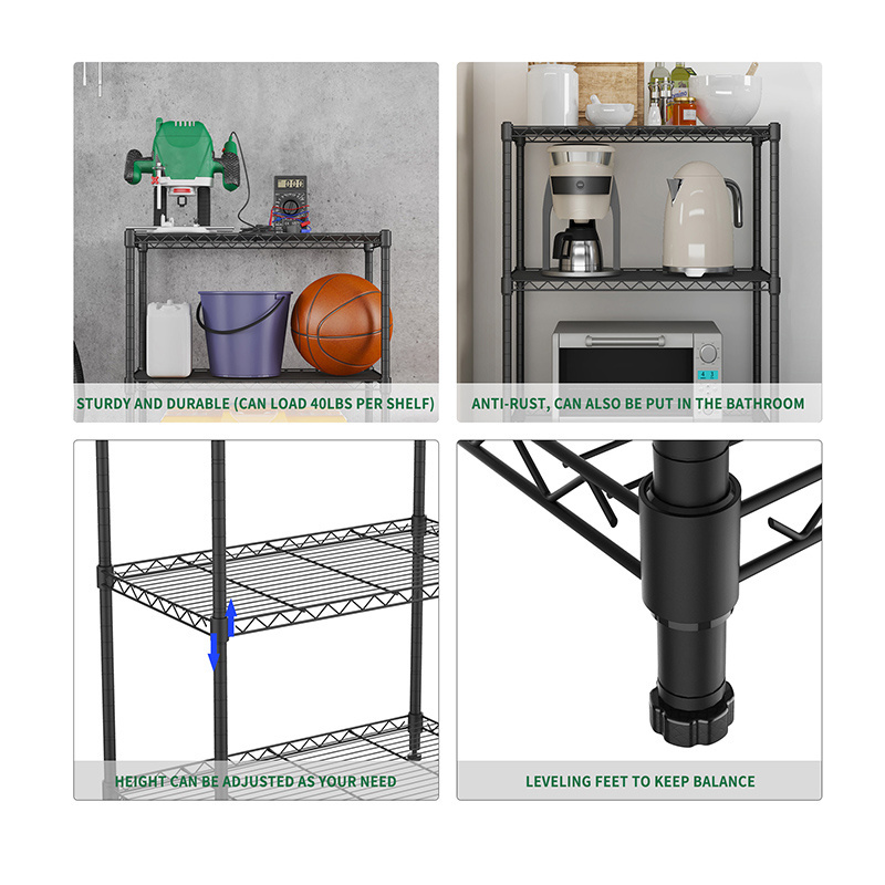 Kitchen Restaurant 3 Tiers Chrome and Powder Coated Metal Storage Wire Shelf/Adjustable Stainless Steel Storage Rack