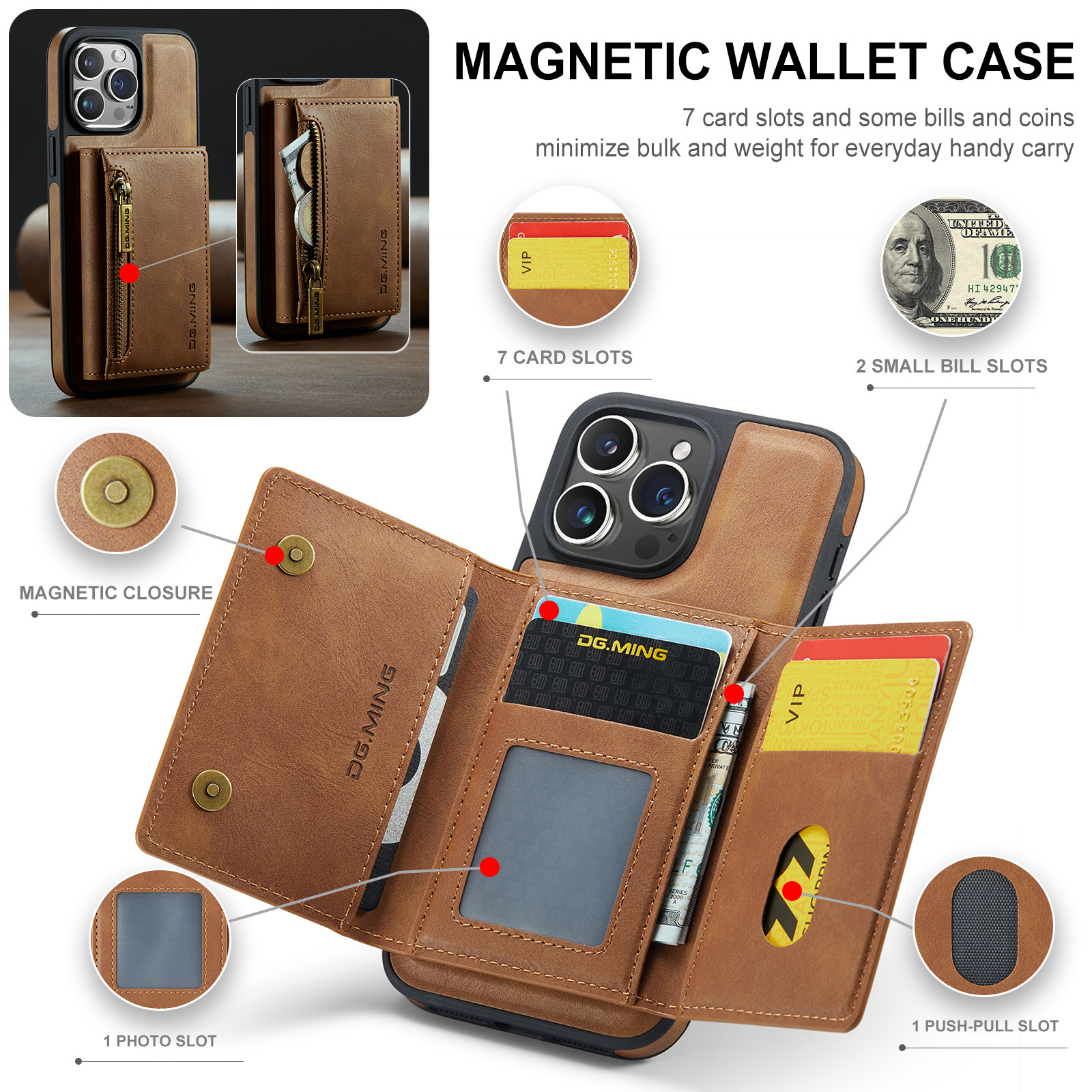 For iPhone 15 Case, Luxury DGMING 2 in 1 Detachable Retro PU Leather Wallet Bag Magnetic Phone Cover for iPhone 13 14 15 Pro Max