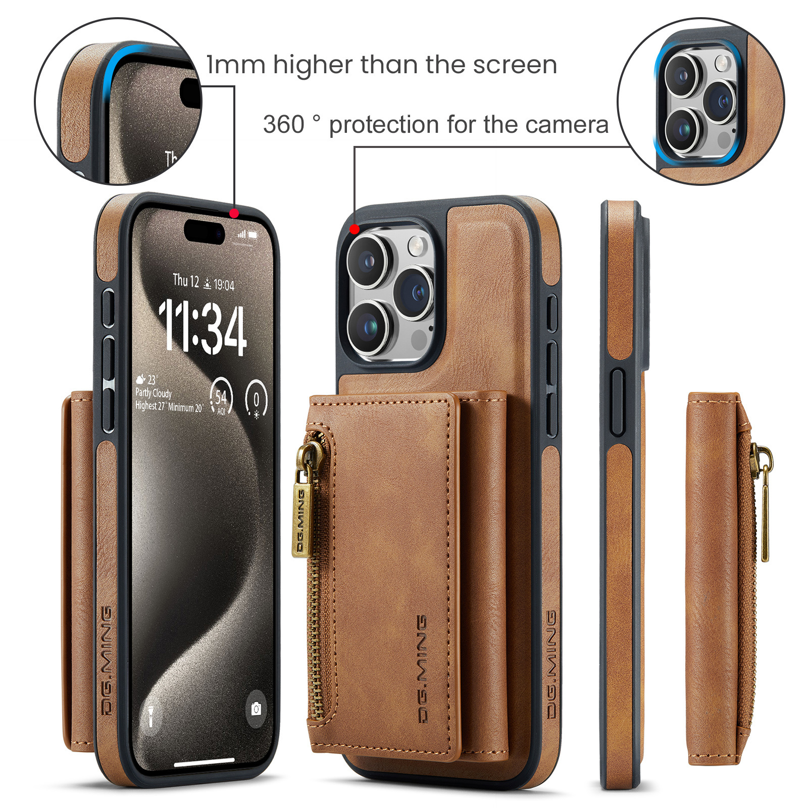 For iPhone 15 Case, Luxury DGMING 2 in 1 Detachable Retro PU Leather Wallet Bag Magnetic Phone Cover for iPhone 13 14 15 Pro Max