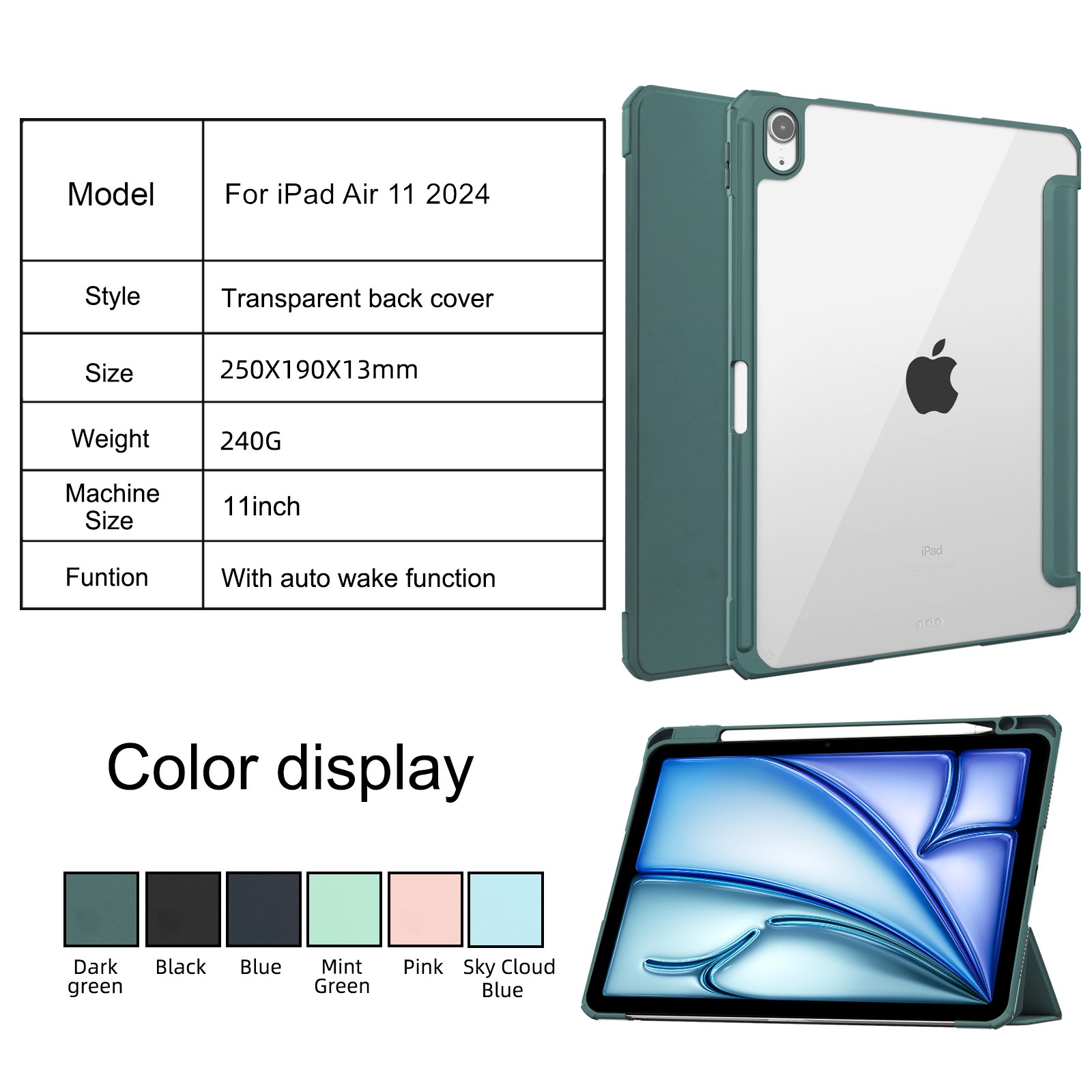 For iPad Air 11 2024 Case with Pencil Holder, Clear Back PU Leather Folio Stand Smart  Tablet Cover for iPad Air 11 inch 6th Gen