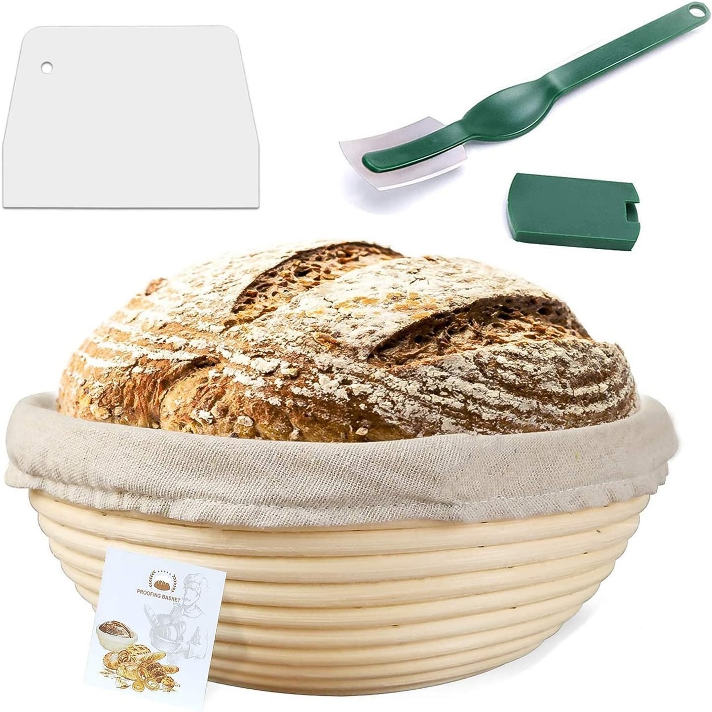 Huangtu Superbaking 9 Inch Banneton Bread Proofing Basket Round Baskets with Liner Cloth Bread Lame Dough Scraper