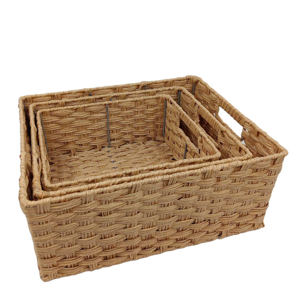 New Design PP Plastic Rattan Woven Bins Storage Boxes with Handles for Cabinets Closet Shelves Organizing Woven Bins