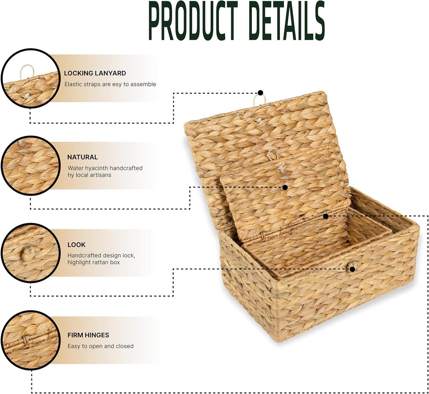 2024 trending Water Hyacinth Storage Baskets weaving Wicker Baskets with lid storage boxes and bins for Home and kitchen