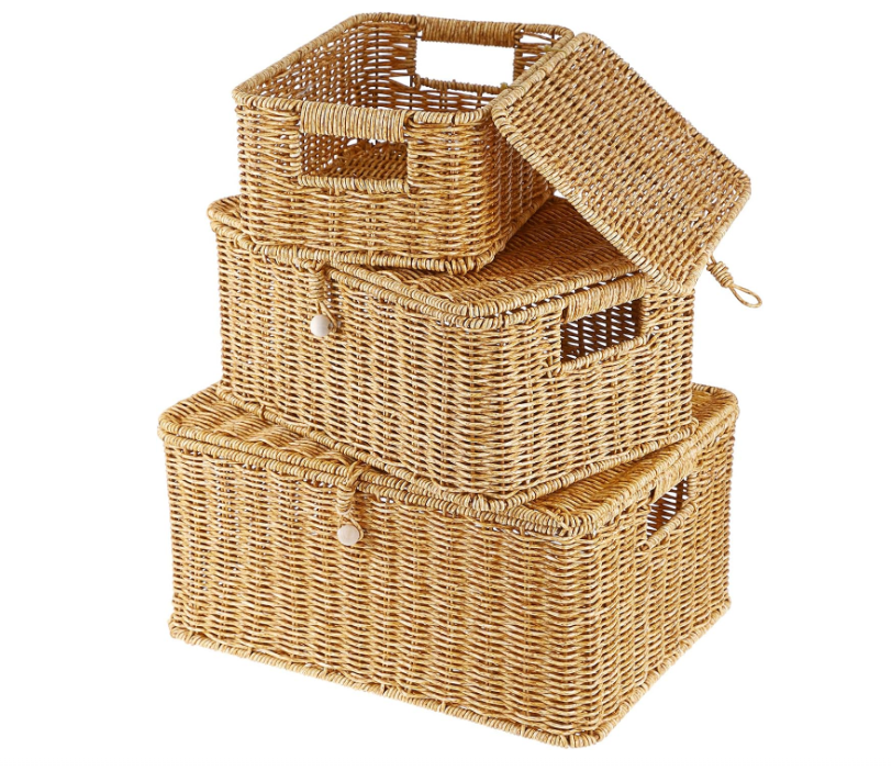 Woven Baskets Bin with Lid & Handle 3 pieces Rectangular Shelf Baskets Multipurpose Storage Basket Boxes Home Decor Container