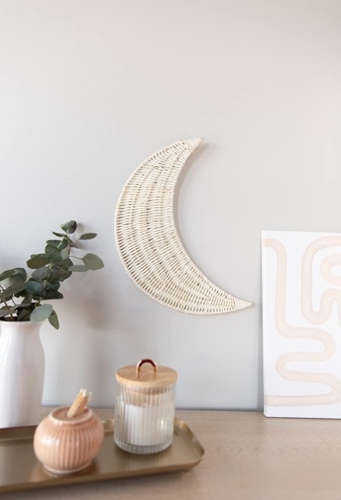 HT Wicker Rattan Moon Ornament Wall Hanging Bohemian Moon Wall Decoration Baby Nursery Crescent Moon Decor Rattan Wall Decor