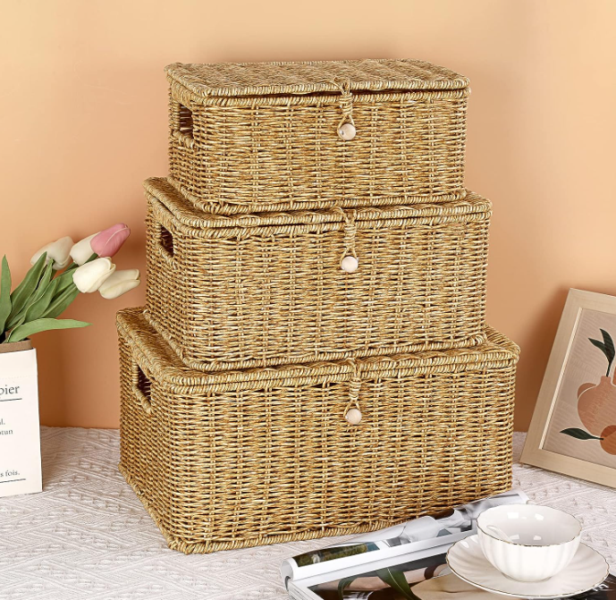 Woven Baskets Bin with Lid & Handle 3 pieces Rectangular Shelf Baskets Multipurpose Storage Basket Boxes Home Decor Container