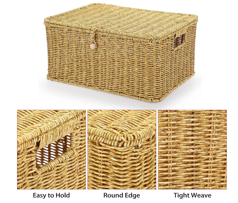 Woven Baskets Bin with Lid & Handle 3 pieces Rectangular Shelf Baskets Multipurpose Storage Basket Boxes Home Decor Container